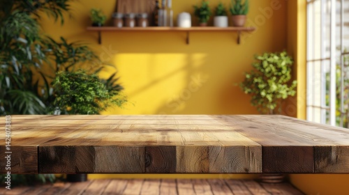Rustic wooden table against blurred kitchen with yellow wall backdrop