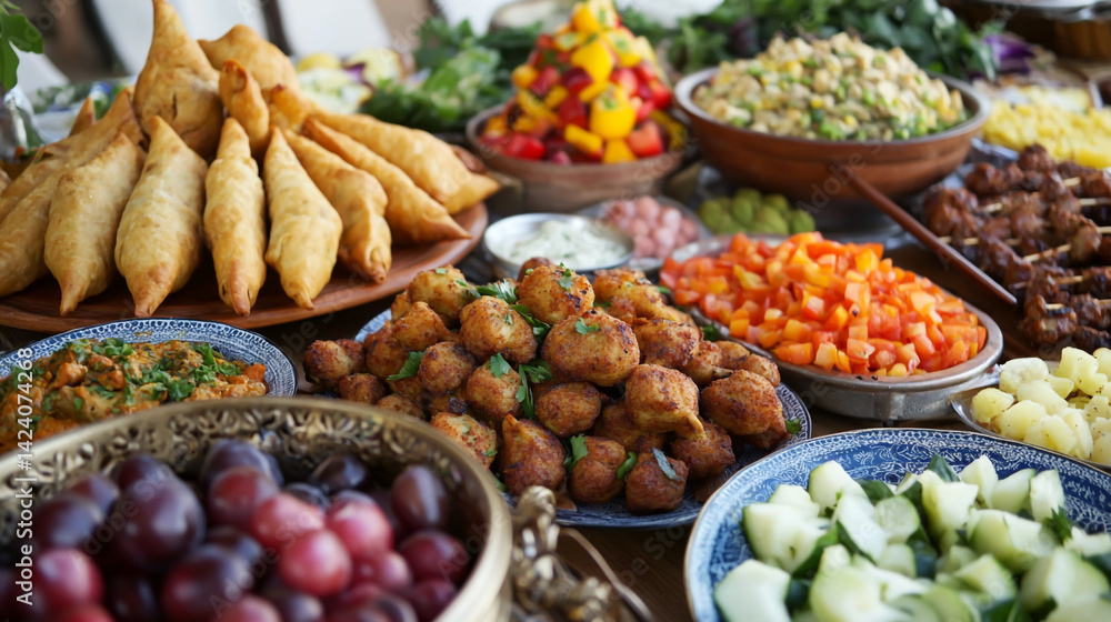 A Ramadan feast featuring samosas, kebabs, and fresh fruits. A Ramadan feast featuring samosas, kebabs, and fresh fruits.