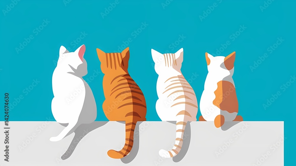 Fototapeta premium Three cats sitting on a flat surface against a blue background