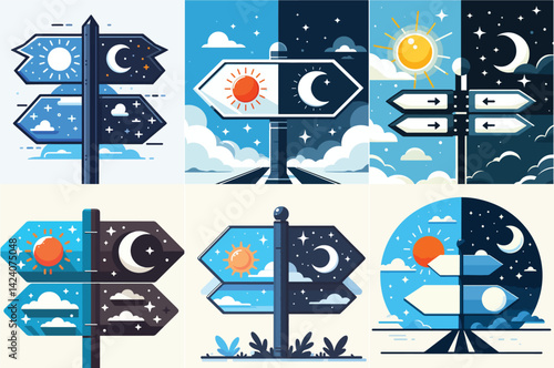 Day vs Night Directional Sign Icon Set