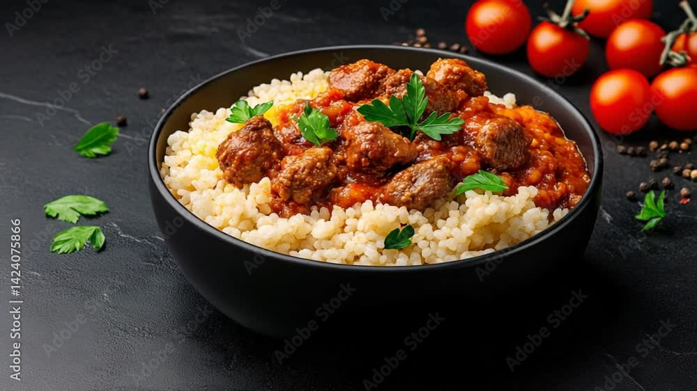 Delicious bowl of rice topped with savory beef stew, garnished with fresh herbs and vibrant cherry tomatoes on a dark background Delicious bowl of rice topped with savory beef stew, garnished with fresh herbs and vibrant cherry tomatoes on a dark background