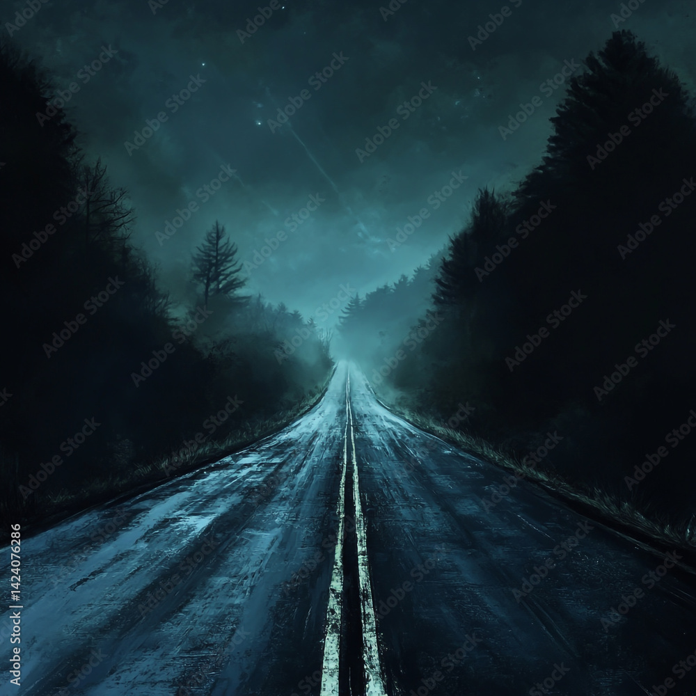 Fototapeta premium An Endless Road Through the Dark Night, Filled with Lingering Sadness and Desolation.