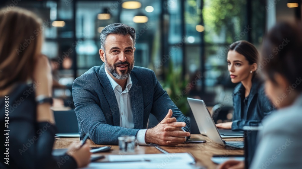 Business Meeting: Professionals Collaborating on a Project in Modern Office Business Meeting: Professionals Collaborating on a Project in Modern Office