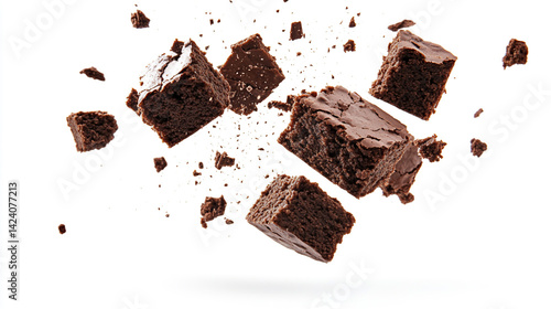 Delicious pieces of chocolate brownies gracefully floating or falling through the air, isolated against a clean white background, capturing a sense of movement and indulgence.