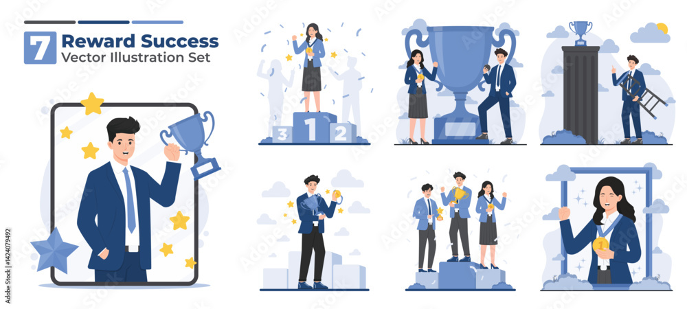Illustration set of reward and success concept with trophy, medal, celebration, winning goals, and champion achievements Illustration set of reward and success concept with trophy, medal, celebration, winning goals, and champion achievements