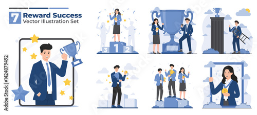 Illustration set of reward and success concept with trophy, medal, celebration, winning goals, and champion achievements