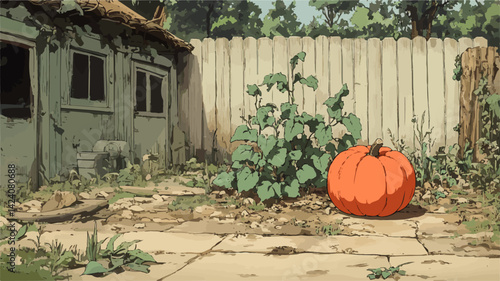 Large orange pumpkin growing in a garden near an old shed, ready for harvest during the autumn season