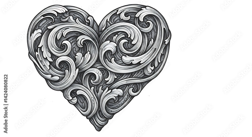Detailed Floral Heart Drawing with Swirls and Curves Detailed Floral Heart Drawing with Swirls and Curves