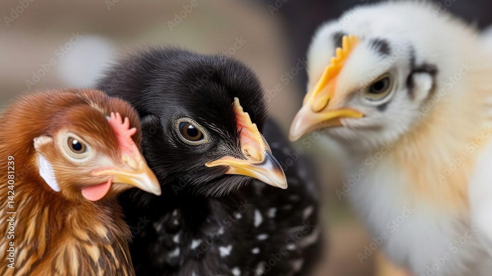Fototapeta premium Three baby chicks close up colorful feathers nature