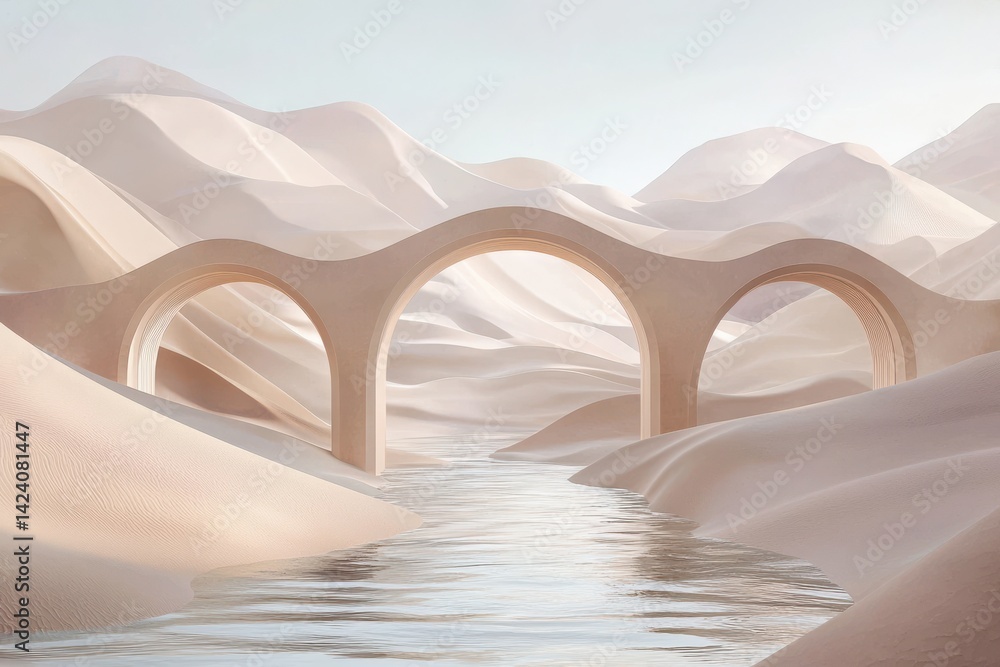 Fototapeta premium Serene Desert Landscape with Arch Bridge Over Calm Water