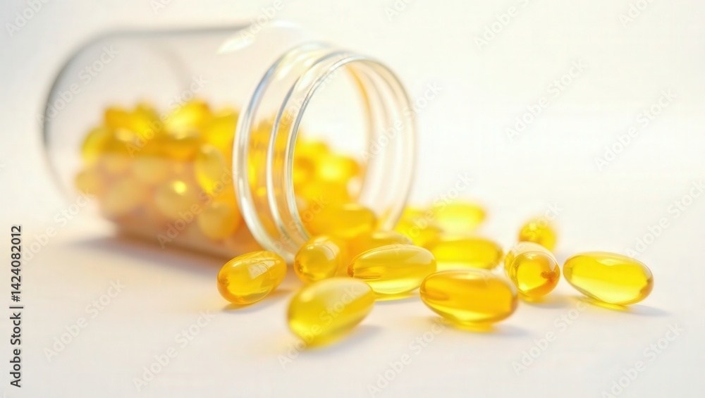 Transparent bottle with yellow softgel capsules spilling out on a white surface, representing health and nutrition supplements Transparent bottle with yellow softgel capsules spilling out on a white surface, representing health and nutrition supplements
