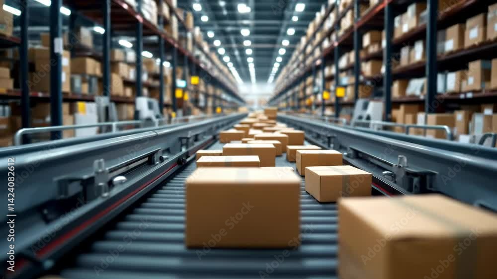 Efficient automated conveyor system in large warehouse for transporting boxes, showcasing logistics and storage solutions.