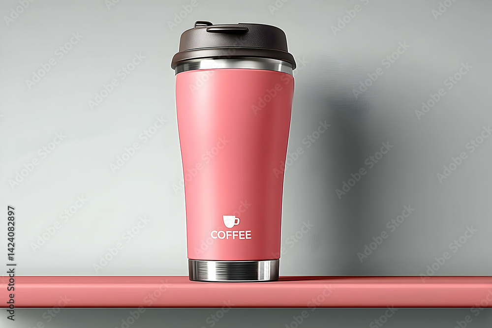 Pink insulated coffee cup on a shelf against a minimalist gray background, perfect for beverage photography Pink insulated coffee cup on a shelf against a minimalist gray background, perfect for beverage photography