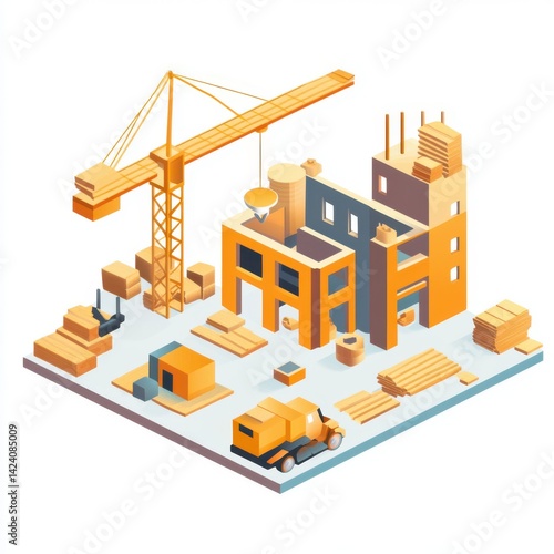 Large construction site with crane, scaffolding, and structural materials.