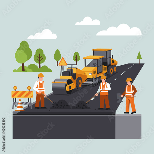 Construction workers repairing a road with machinery in a green environment  