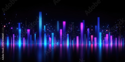 Bright image of glowing neon bar graph with scattered light particles for technology blogs,music visualizers and futuristic backgrounds.