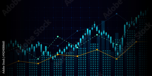 Abstract financial graph with uptrend line and bar chart of stock market on blue color background