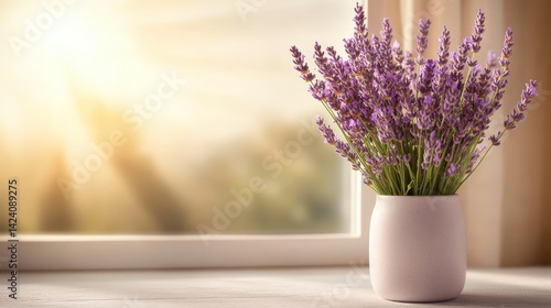 Obraz na płótnie A beautiful lavender bouquet arranged in a white vase, beautifully lit by soft sunshine, offering a fresh and inviting ambience ideal for any home decor. w salonie