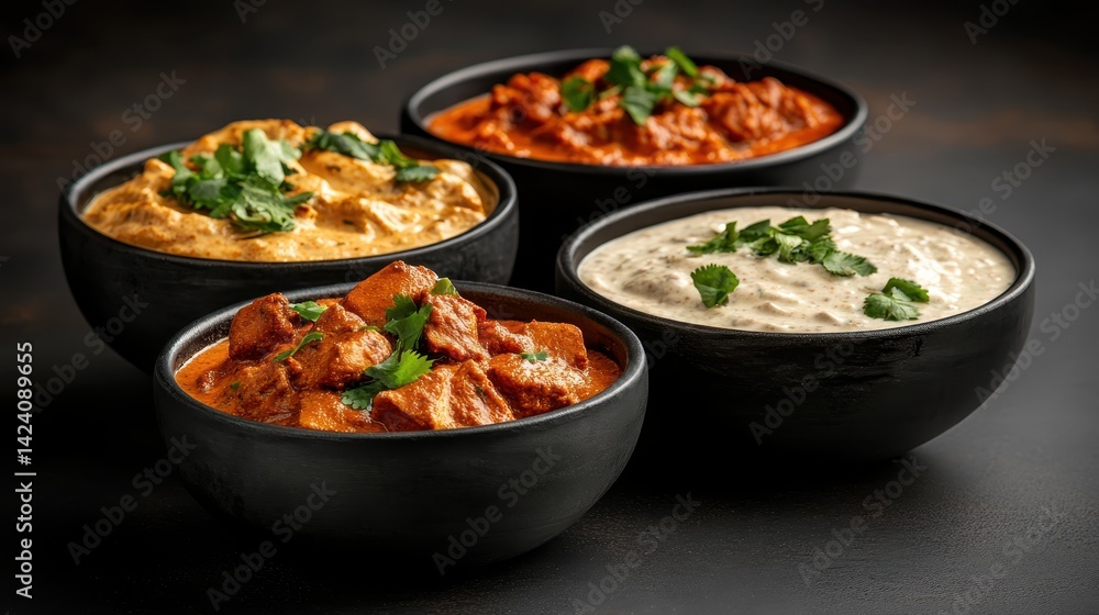 A captivating arrangement of Indian curries in elegant black bowls, highlighting the rich textures and vibrant colors of traditional cuisine, appealing to food lovers worldwide. A captivating arrangement of Indian curries in elegant black bowls, highlighting the rich textures and vibrant colors of traditional cuisine, appealing to food lovers worldwide.