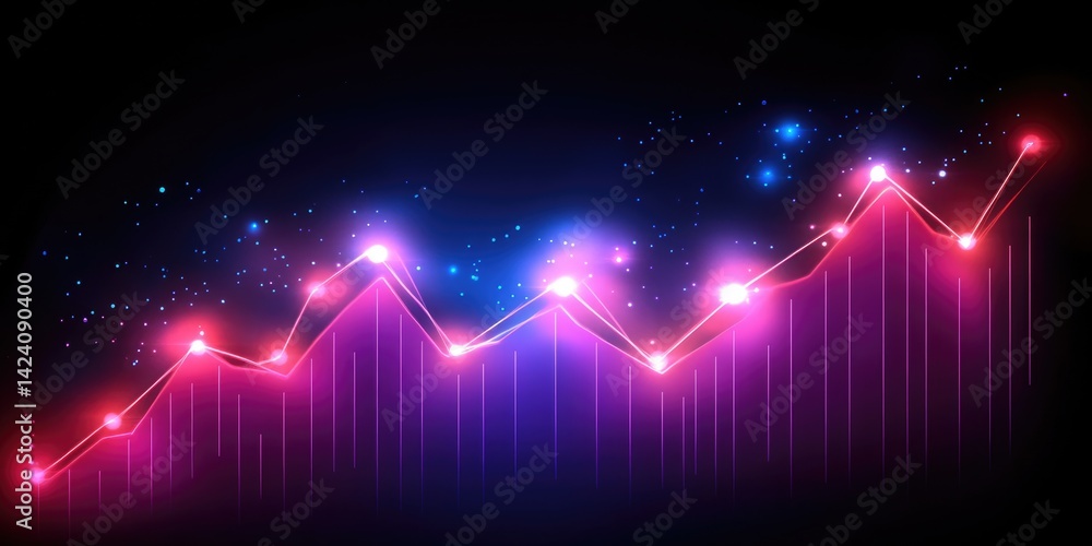 Fototapeta premium Futuristic glowing graph with data points and bars on a dark background. For business, finance, technology, or abstract digital themes and presentations.