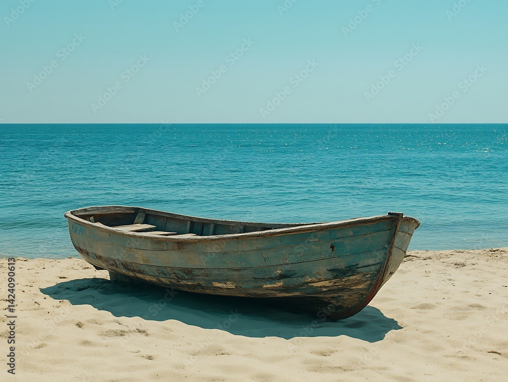 Naklejka premium Old boat on sandy beach, sunny day