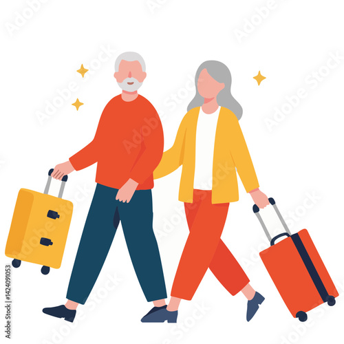 Senior couple traveling light. Elderly tourists with luggage. Retired couple on vacation trip. Old travelers walking with bags. Elderly set