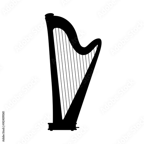 Classical harp black silhouette. Musical vintage string instrument for melodic music of symphony orchestra and opera