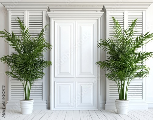 Elegant Indoor Scene with White Door and Lush Green Plants