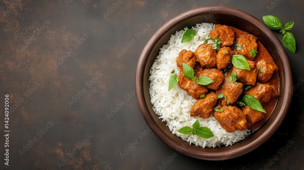 A tantalizing bowl of chicken dish served over fluffy white rice, garnished with fresh basil leaves, highlights the rich flavors and appetizing presentation of the cuisine. A tantalizing bowl of chicken dish served over fluffy white rice, garnished with fresh basil leaves, highlights the rich flavors and appetizing presentation of the cuisine.