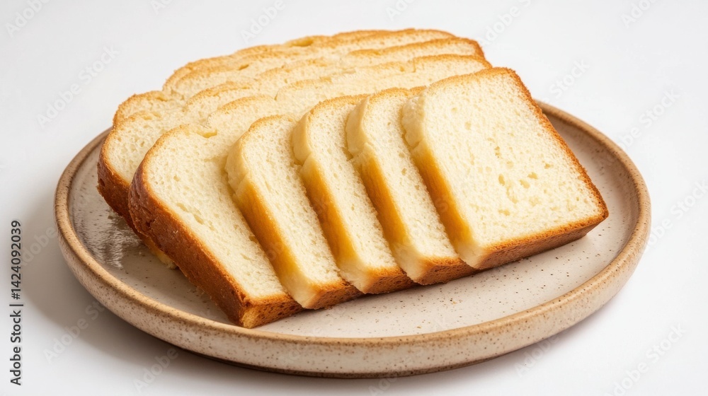 Butter cake loaf sliced and arranged on a ceramic plate with white background Butter cake loaf sliced and arranged on a ceramic plate with white background