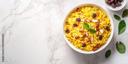 Bowl of vibrant yellow rice pilaf garnished with dry fruits and herbs on white background.