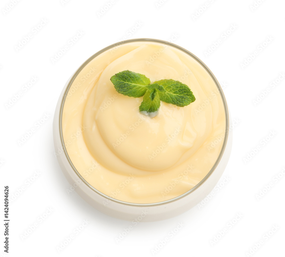 Tasty vanilla pudding with mint isolated on white, top view Tasty vanilla pudding with mint isolated on white, top view
