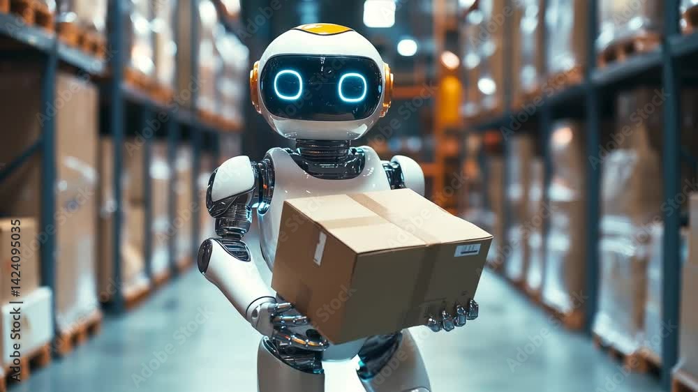 Advanced humanoid robot handling cardboard box, showcasing automation in modern warehouse Advanced humanoid robot handling cardboard box, showcasing automation in modern warehouse