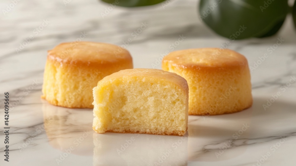 Butter cake with a small slice cut out, on a marble countertop Butter cake with a small slice cut out, on a marble countertop