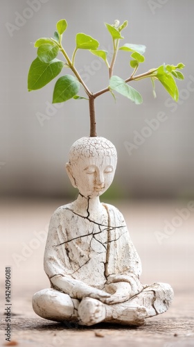 Zen Figure with Plant Growing from Head in Serene Setting