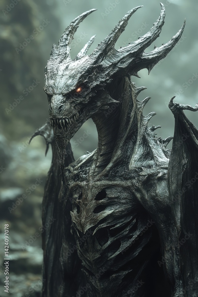 Fototapeta premium corrupted dragon in shadow realm, skeletal wings and broken horns