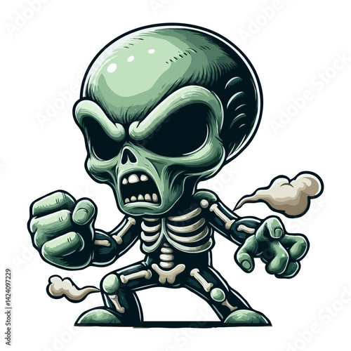 Grumpy Cartoon Alien Character with Skeleton Body