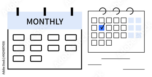 Two calendars with monthly and weekly views, featuring boxes for dates and one checkbox for a marked event. Ideal for time management, scheduling, planning, organization, productivity, tracking