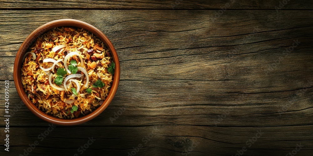 Spiced rice with onions and herbs served in a bowl on wooden table background Spiced rice with onions and herbs served in a bowl on wooden table background