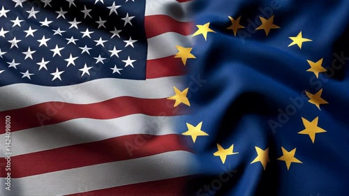 Flags of USA and EU blending together, symbolizing international cooperation, diplomacy, and economic partnership