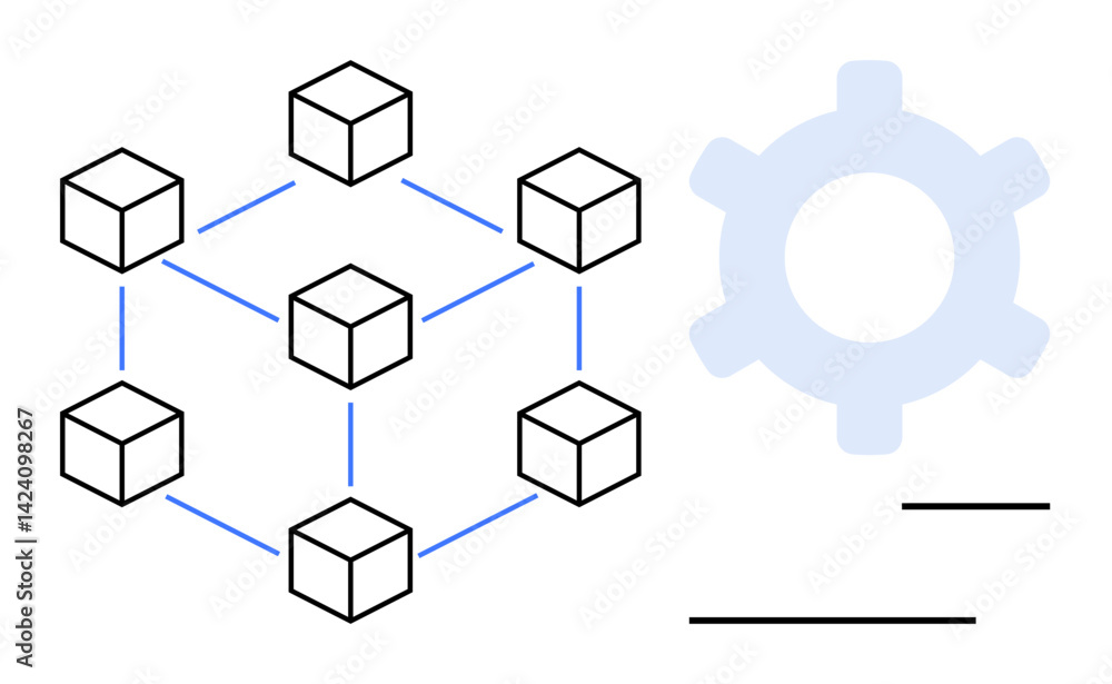 Linked blocks forming a network and adjacent gear symbolizing system operations, innovation, and connectivity. Ideal for blockchain, technology, teamwork, decentralized systems, process, innovation Linked blocks forming a network and adjacent gear symbolizing system operations, innovation, and connectivity. Ideal for blockchain, technology, teamwork, decentralized systems, process, innovation