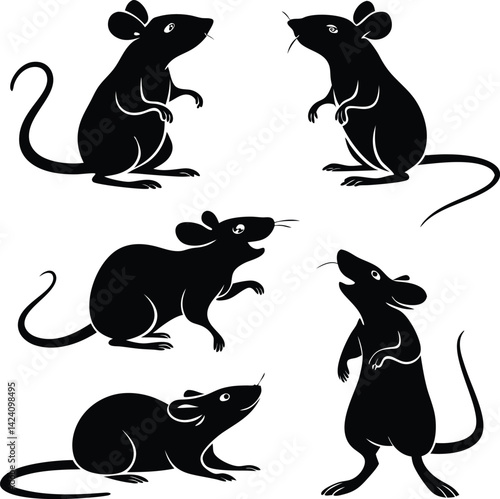 This vector illustration features a cute set of black cat silhouettes, a drawing of domestic animals with tails