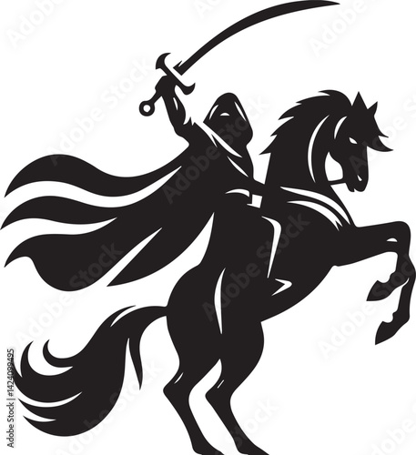 Silhouette of Medieval Warrior on Horse with Sword – Vector Art