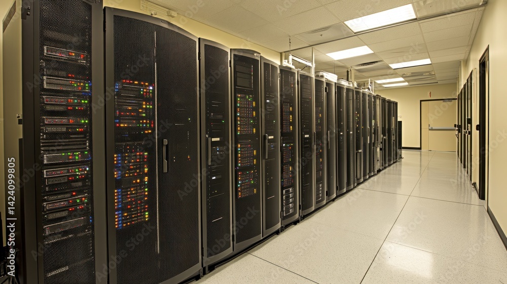 Server racks in a data center hallway Server racks in a data center hallway