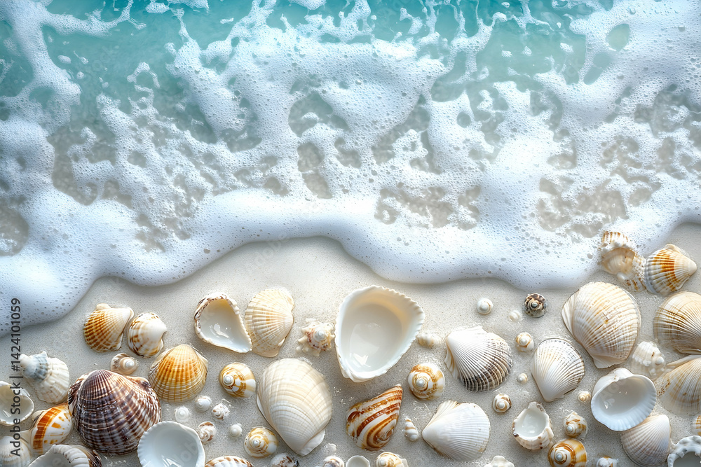 Seashells and foamy waves on a pristine beach. Seashells and foamy waves on a pristine beach.