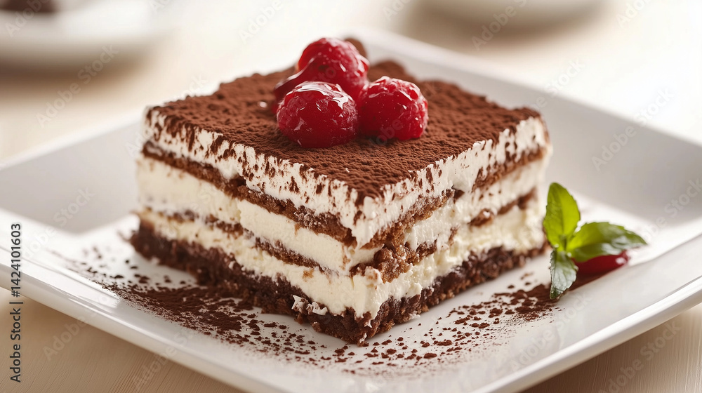 Tiramisu dessert slice topped with raspberries and cocoa powder on white plate, copy space Tiramisu dessert slice topped with raspberries and cocoa powder on white plate, copy space