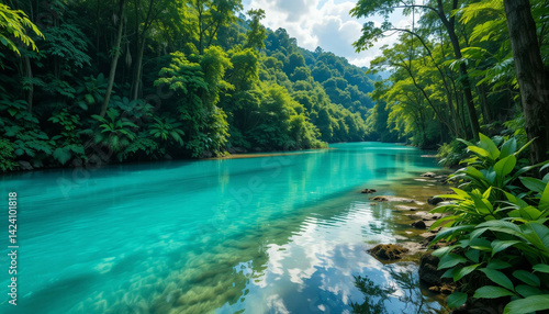Turquoise River Wallpaper: Lush Green Jungle, Vibrant Tropical Waterway Background, Peaceful Nature Scene, Tranquil Landscape, Clear Blue Sky Reflection Wallpaper