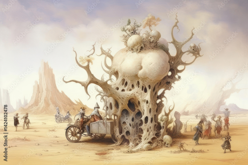 A fantastic surrealist scene depicting a parched desert with an unusual tree that resembles a giant organic sculpture with porous structures and rounded shapes.