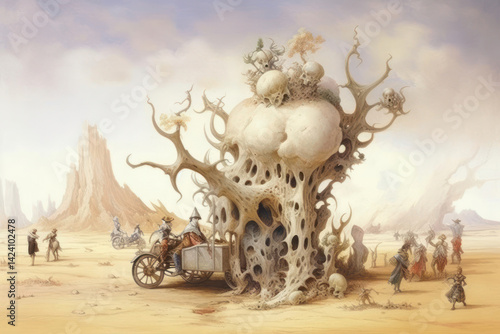 Obraz na płótnie A fantastic surrealist scene depicting a parched desert with an unusual tree that resembles a giant organic sculpture with porous structures and rounded shapes. w salonie