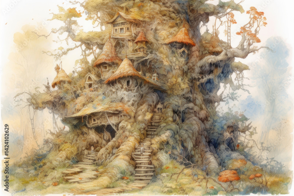 A fantastic illustration of a magical home built into a giant tree. Multi-level houses with straw roofs are organically woven into the bark and branches,